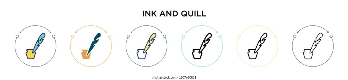 Ink and quill icon in filled, thin line, outline and stroke style. Vector illustration of two colored and black ink and quill vector icons designs can be used for mobile, ui, web