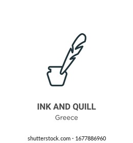 Ink and quill outline vector icon. Thin line black ink and quill icon, flat vector simple element illustration from editable greece concept isolated stroke on white background