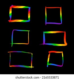 Ink rainbow frame. Vector, rectangle border on a black background. Ink illustration. Pride month. Template for banner, poster