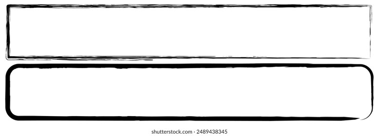 Ink rectangle stamp. Grunge empty black frame. Square border. Rubber stamp imprint. Vector illustration isolated on white background. Black Brush painted ink stamp frame.