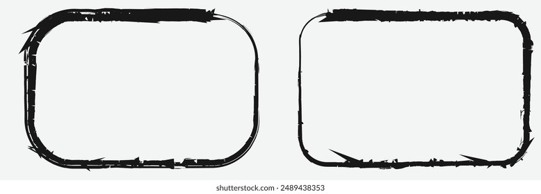 Ink rectangle stamp. Grunge empty black frame. Square border. Rubber stamp imprint. Vector illustration isolated on white background. Black Brush painted ink stamp frame.