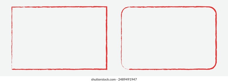 Ink rectangle stamp. Grunge empty red frame. Square border. Rubber stamp imprint. Vector illustration isolated on isolated background. Red brush painted ink stamp frame. 