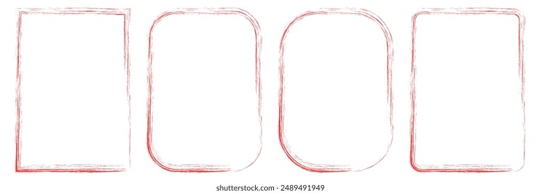 Ink rectangle stamp. Grunge empty red frame. Square border. Rubber stamp imprint. Vector illustration isolated on isolated background. Red brush painted ink stamp frame. 
