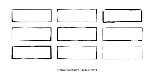 Ink rectangle stamps. Grunge empty black frames set. Square borders collections. Rubber stamp imprint. Vector illustration isolated on white background.