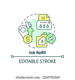 Ink refill concept icon. Office printer. Environmental service. Green business idea abstract idea thin line illustration. Isolated outline drawing. Editable stroke. Arial, Myriad Pro-Bold fonts used
