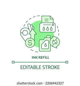 Ink refill green concept icon. Office printer. Sustainable business idea abstract idea thin line illustration. Isolated outline drawing. Editable stroke. Arial, Myriad Pro-Bold fonts used