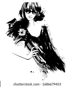 ink representation of a pretty woman with sunglasses - vector illustration (Ideal for printing on fabric or paper, poster or wallpaper, house decoration)