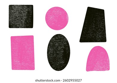 Ink rolled geometric shapes with noise set. Text boxes grainy textured frames pack. Oval, circle and square figures. Vector hand drawn quotation stickers shapes. Flat grunge geometric figures.