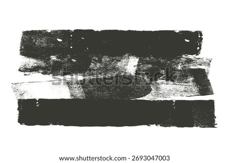 Ink roller brayer brush streak texture. Grunge paint stripes print. Linocut black merged lines. Thick rectangle stamps set. Chalk wide underlines. Vector smear label banner background. Ruined element.