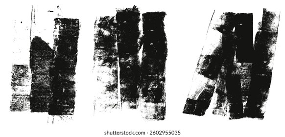 Ink roller brush strokes texture. Grunge paint stripes print. Brayer black merged lines. Thick rectangle stamps set. Chalk wide underlines. Vector smear labels banners background. Graffiti elements.
