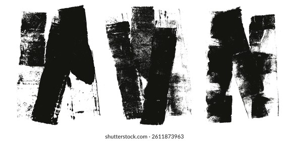 Ink roller brush strokes texture. Grunge paint stripes print. Brayer black merged lines. Thick rectangle stamps set. Chalk wide underlines. Vector smear labels banners background. Graffiti elements.