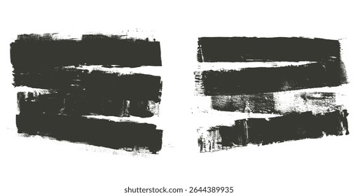 Ink roller brush strokes texture. Grunge paint stripes print. Brayer black merged lines. Thick rectangle stamps set. Chalk wide underlines. Vector smear banners background. Wall urban elements.