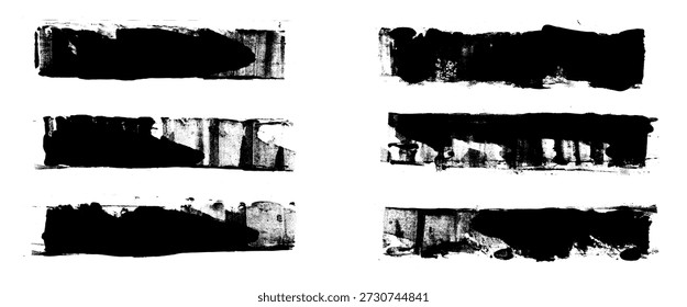 Ink roller brush strokes textures with distressed texture. Paint wide lines rough linocut set. Brushstroke elements with grunge designs. Vector long handmade streaks isolated on transparent background