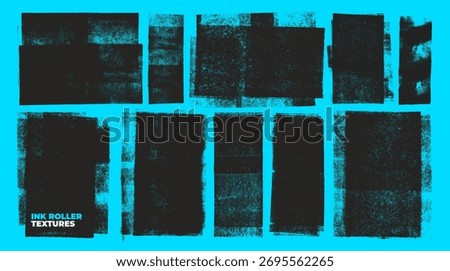 Ink roller linocut stamp texture collection on bright blue background. Hand drawn printmaking overlays with ink roller effect. Grunge linocut texture with eroded and letterpress stamp background.