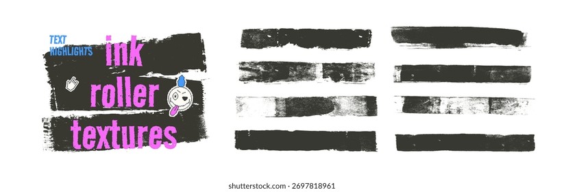 Ink roller rough textures. Black paint text boxes. Grunge brush stroke lines set. Quotation boxes grange lines black textures. Vector rolled linocut streaks with pixel punk element.