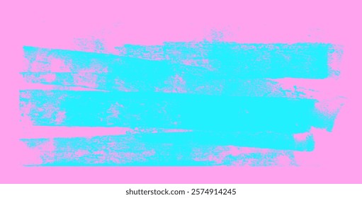 Ink roller shape background with mismatched blue and pink colors. Linocut texture. Grunge letterpress rectangles. Blue vibrant painted striped lines . Painted stains. Vector lino template.