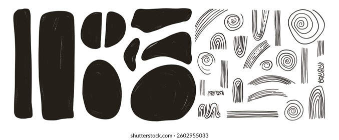 Ink rough geometric figures silhouette set. Semicircle, rectangle chalk and boho arch. Abstract japandi decor. Vector irregular shapes zen aesthetic. Hand drawn illustration on white background.