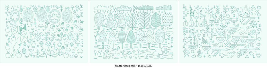 Ink scandinavian autumn fall illustration. Vector autumn fall background with fall leaves, birds, insects, plants, mushrooms, apples, hedgehogs. Autumn design elements for greetings cards, wallpapers.