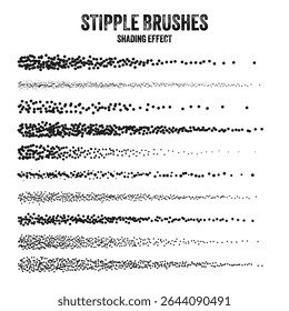 Pincel de dispersão de tinta, desenho pontilhado e texturização. Degradê esmaecido. Pontilhamento, desenho pontilhado, sombreamento com pontos. Efeito de desintegração de meio-tom. Textura granulada com ruído branco. Ilustração vetorial