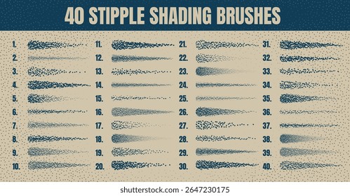 Ink scatter brush, stipple drawing and texturing. Fading gradient. Stippling, dotwork drawing, shading using dots. Halftone disintegration effect. White noise grainy texture. Vector illustration