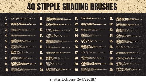 Ink scatter brush, stipple drawing and texturing. Fading gradient. Stippling, dotwork drawing, shading using dots. Halftone disintegration effect. White noise grainy texture. Vector illustration