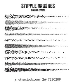 Pincel de dispersão de tinta, desenho pontilhado e texturização. Degradê esmaecido. Pontilhamento, desenho pontilhado, sombreamento com pontos. Efeito de desintegração de meio-tom. Textura granulada com ruído branco. Ilustração vetorial