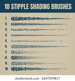 Ink scatter brush, stipple drawing and texturing. Fading gradient. Stippling, dotwork drawing, shading using dots. Halftone disintegration effect. White noise grainy texture. Vector illustration