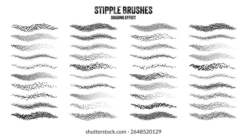 Ink scatter brush, stipple drawing and texturing. Fading gradient. Stippling, dotwork drawing, shading using dots. Halftone disintegration effect. White noise grainy texture. Vector illustration