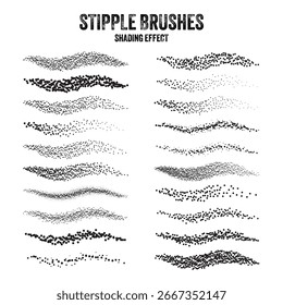 Pincel de dispersión de tinta, dibujo punteado y textura. Degradado de desvanecimiento. Punteado, dibujo de puntos, sombreado con puntos. Efecto de desintegración de semitonos. Textura granulada de ruido blanco. Ilustración vectorial