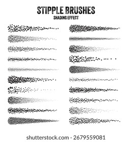 Pincel de dispersión de tinta, dibujo punteado y textura. Degradado de desvanecimiento. Punteado, dibujo de puntos, sombreado con puntos. Efecto de desintegración de semitonos. Textura granulada de ruido blanco. Ilustración vectorial