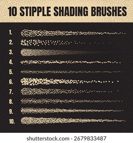 Ink scatter brush, stipple drawing and texturing. Fading gradient. Stippling, dotwork drawing, shading using dots. Halftone disintegration effect. White noise grainy texture. Vector illustration