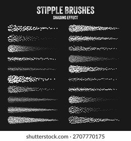 Ink scatter brush, stipple drawing and texturing. Fading gradient. Stippling, dotwork drawing, shading using dots. Halftone disintegration effect. White noise grainy texture. Vector illustration