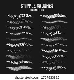 Ink scatter brush, stipple drawing and texturing. Fading gradient. Stippling, dotwork drawing, shading using dots. Halftone disintegration effect. White noise grainy texture. Vector illustration