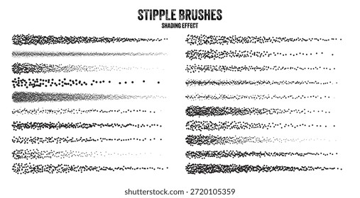 Pincel de dispersión de tinta, dibujo punteado y textura. Degradado de desvanecimiento. Punteado, dibujo de puntos, sombreado con puntos. Efecto de desintegración de semitonos. Textura granulada de ruido blanco. Ilustración vectorial