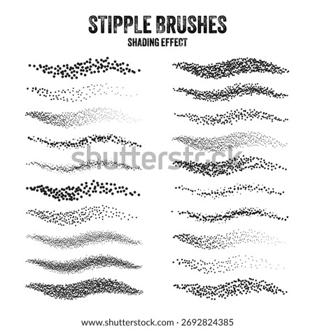Ink scatter brush, stipple drawing and texturing. Fading gradient. Stippling, dotwork drawing, shading using dots. Halftone disintegration effect. White noise grainy texture. Vector illustration