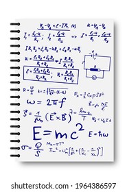 Ink scrawls on a white notebook. Notepad, formulas, shapes, physics. The concept of education. Illustrations can be used to return to the school topic, physics, natural sciences
