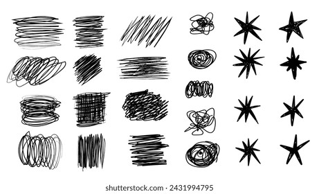 Ink scribbles, frames, graffiti marks blots star dots vector illustrations Grunge Graffiti Hand Drawn Pencil Collection