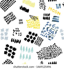 Ink seamless pattern with abstract brush drawn.Creative doodle collage. Abstract background with different shapes and textured.Memphis animation 80s-90s style.Desing for web,social networks,textile.