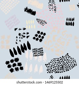Motif harmonieux d'encre avec brosse abstraite dessinée.Collage créatif de gribouillis. Arrière-plan abstrait avec différentes formes et texture.Style des années 80-90 de Memphis.Création pour le web, les réseaux sociaux, le textile.
