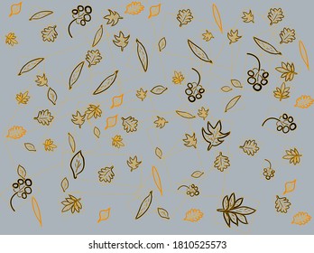Ink seamless pattern depicting autumn leaves brown and orange on grey blue background. Leaves of oak, mountain ash, birch, linden, aspen and other leaves.  For postcard, paper, background, cover