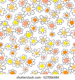 Ink seamless pattern with  flowers in sketchy style. Artistic background with abstract plants. Design element for textile or wrapping paper 