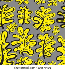 Ink seamless pattern with palm leaves in black yellow and grey colors. Artistic background with abstract plants. Design element for textile or wrapping paper 