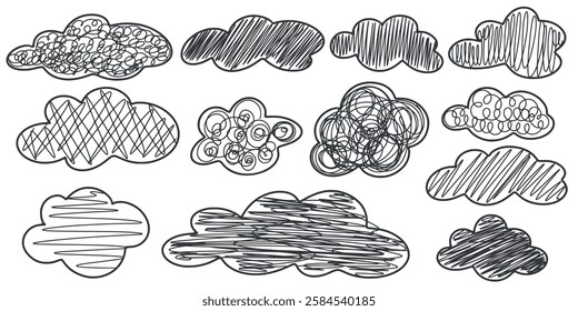 Ink set clouds doodle sketch style