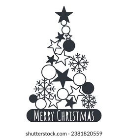 Ink silhouette Christmas tree with stars, snowflakes and balls. Original festive tree with congratulations. Mary Christmas lettering, vector illustration