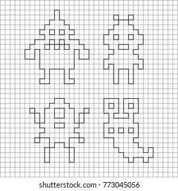 Ink silhouette of pixel monsters. Vector isolated illustration for adult and children coloring.