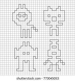 Ink silhouette of retro monsters. Vector isolated illustration for  coloring.