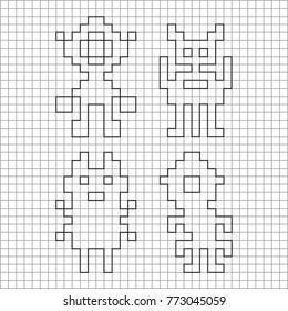 Ink silhouette of simple monsters. Vector isolated illustration in retro style.