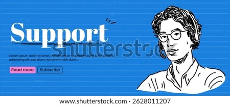 Ink Sketch banner with Assistent Man Character. Call Center concept. Vector banner with blue bold bg. 