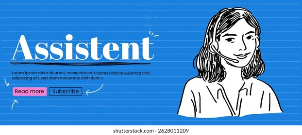 Ink Sketch banner with Assistent Woman Character. Call Center concept. Vector banner with blue bold bg. 