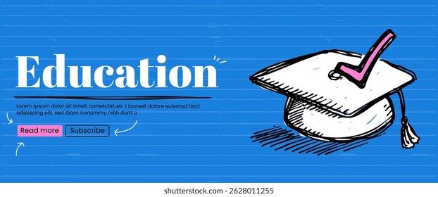 Ink Sketch banner with Graduate Hat. Education Loan Done concept. Vector banner with blue bold bg. 